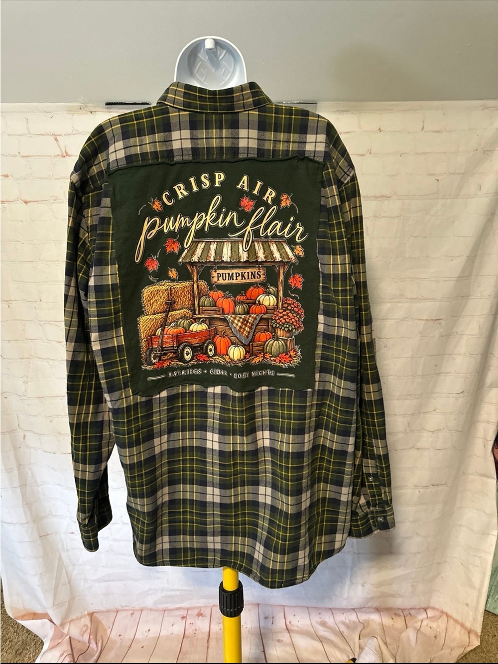 Upcycled Fall Scene Crisp Air Pumpkin Flair Tee Flannel Sz Tall XL